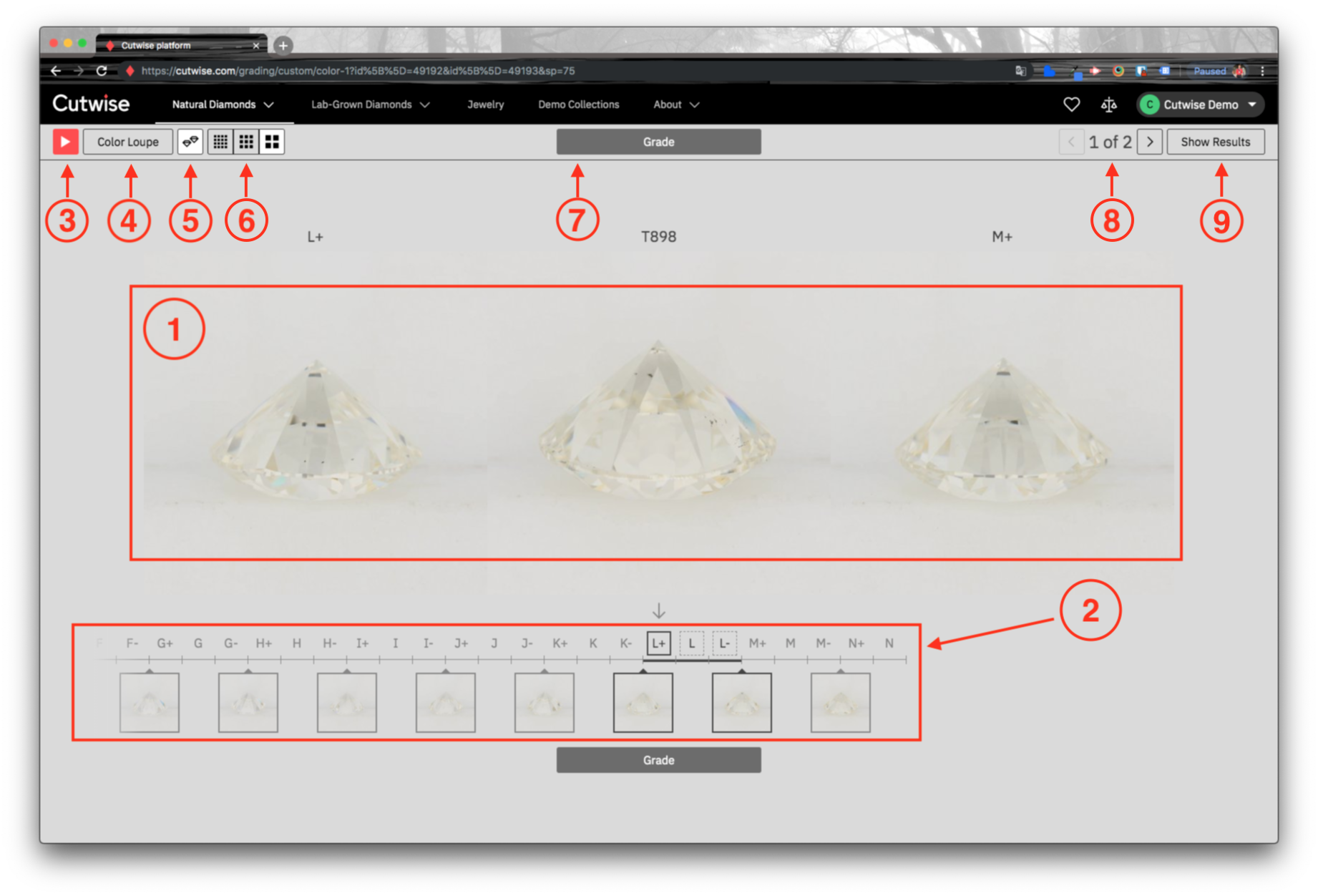 The color grading page with the control elements numbered 1 to 9