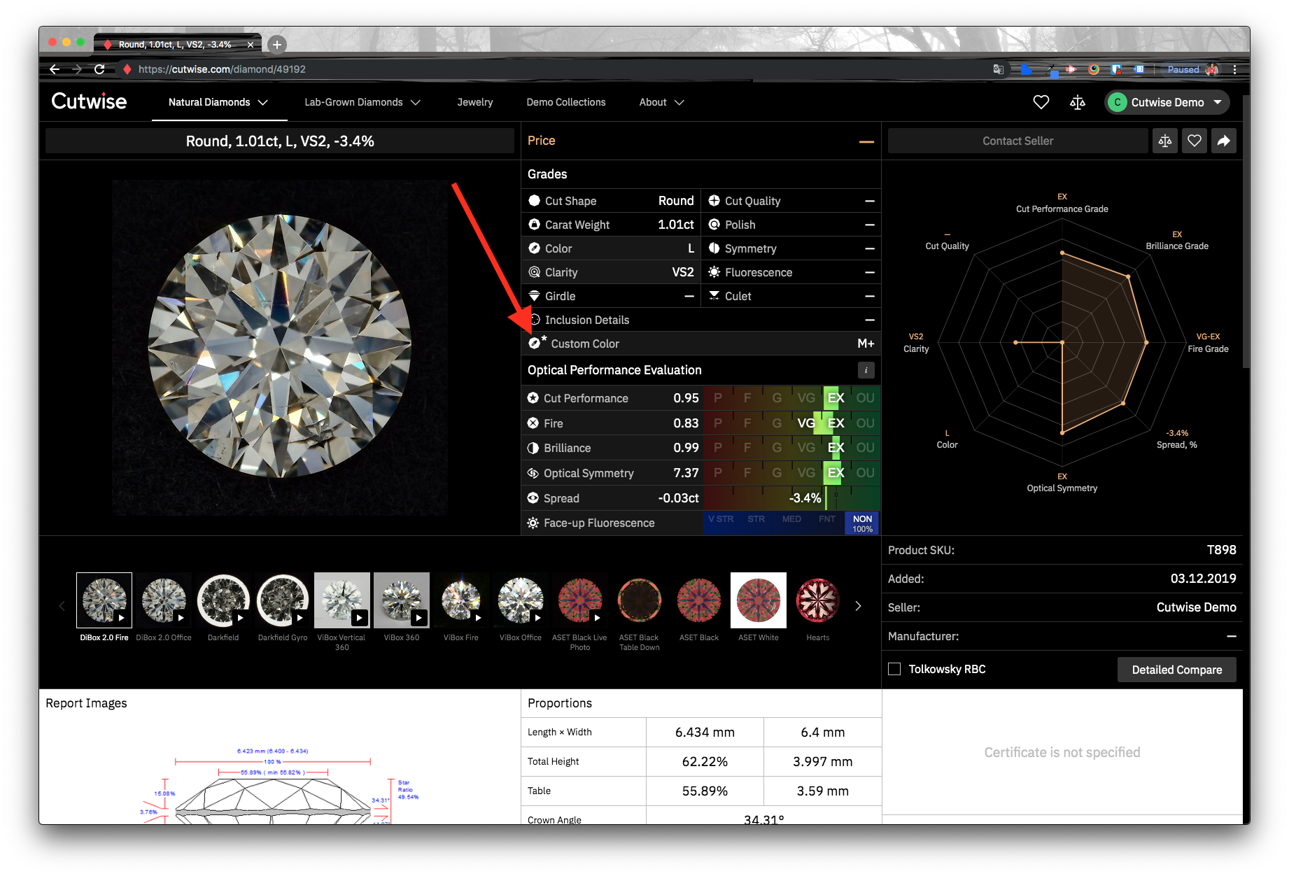 The Custom Color grade in the diamond properties on the diamond page