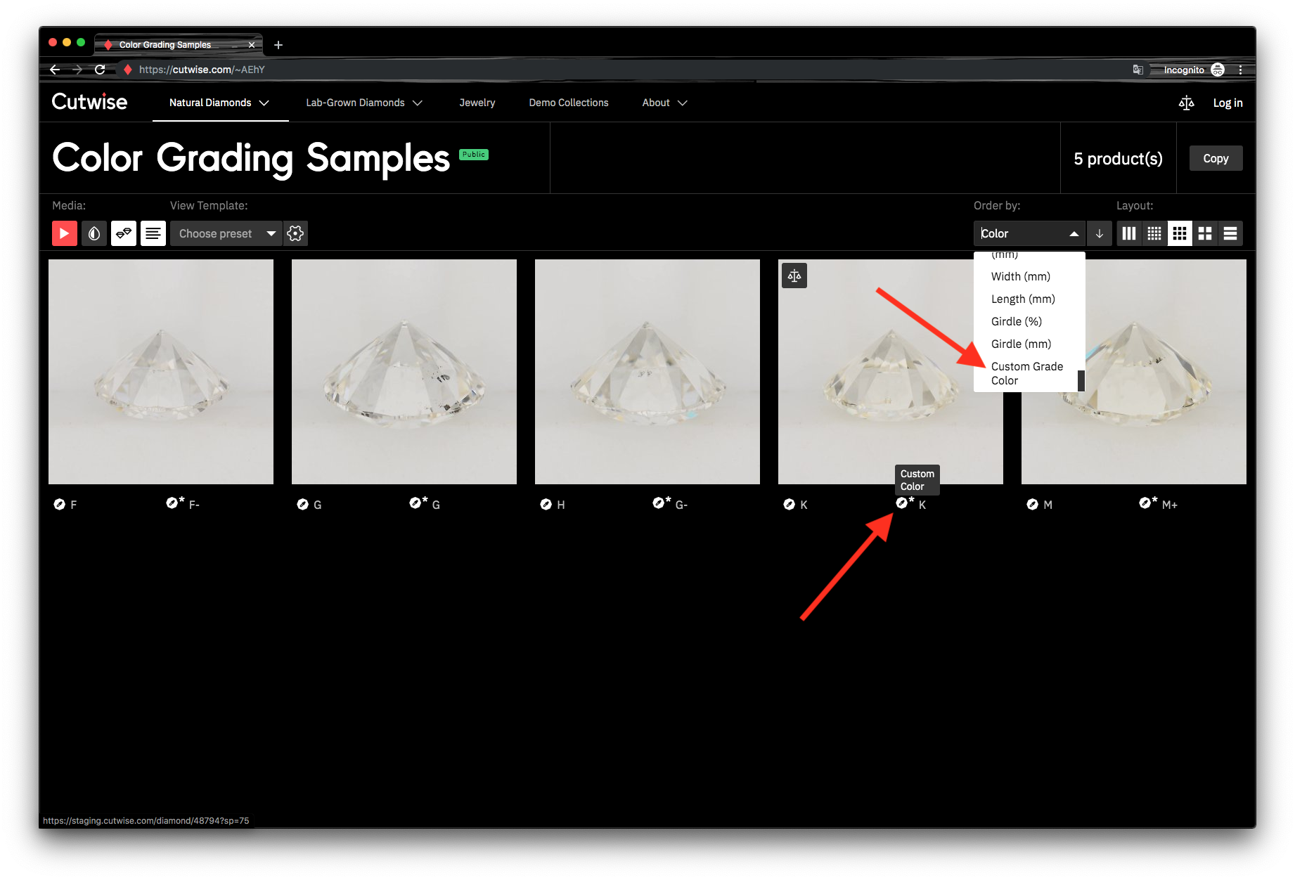 A collection with the custom color grade under each diamond and Custom Grade Color in the sort menu