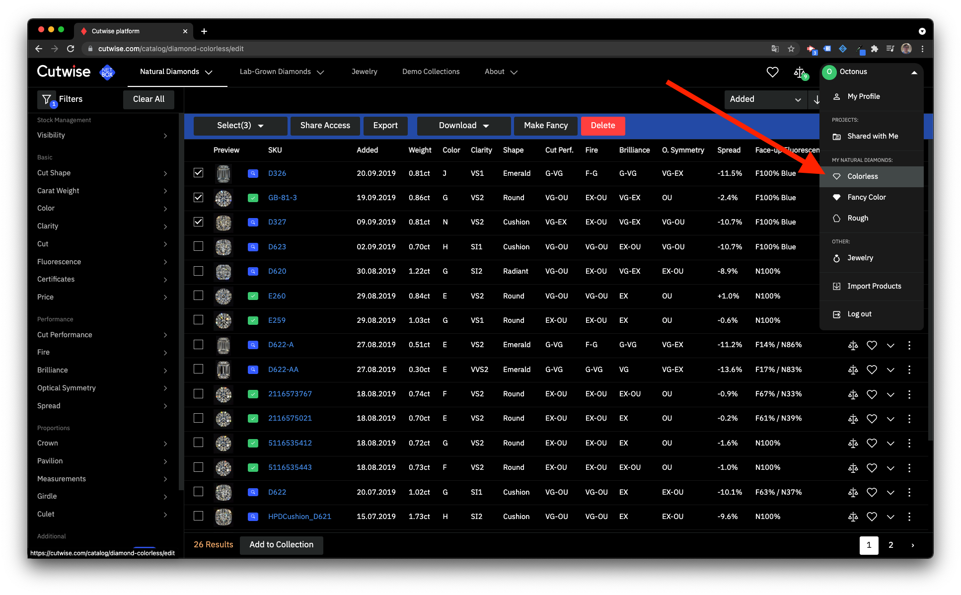 Stock management page for colorless diamonds
