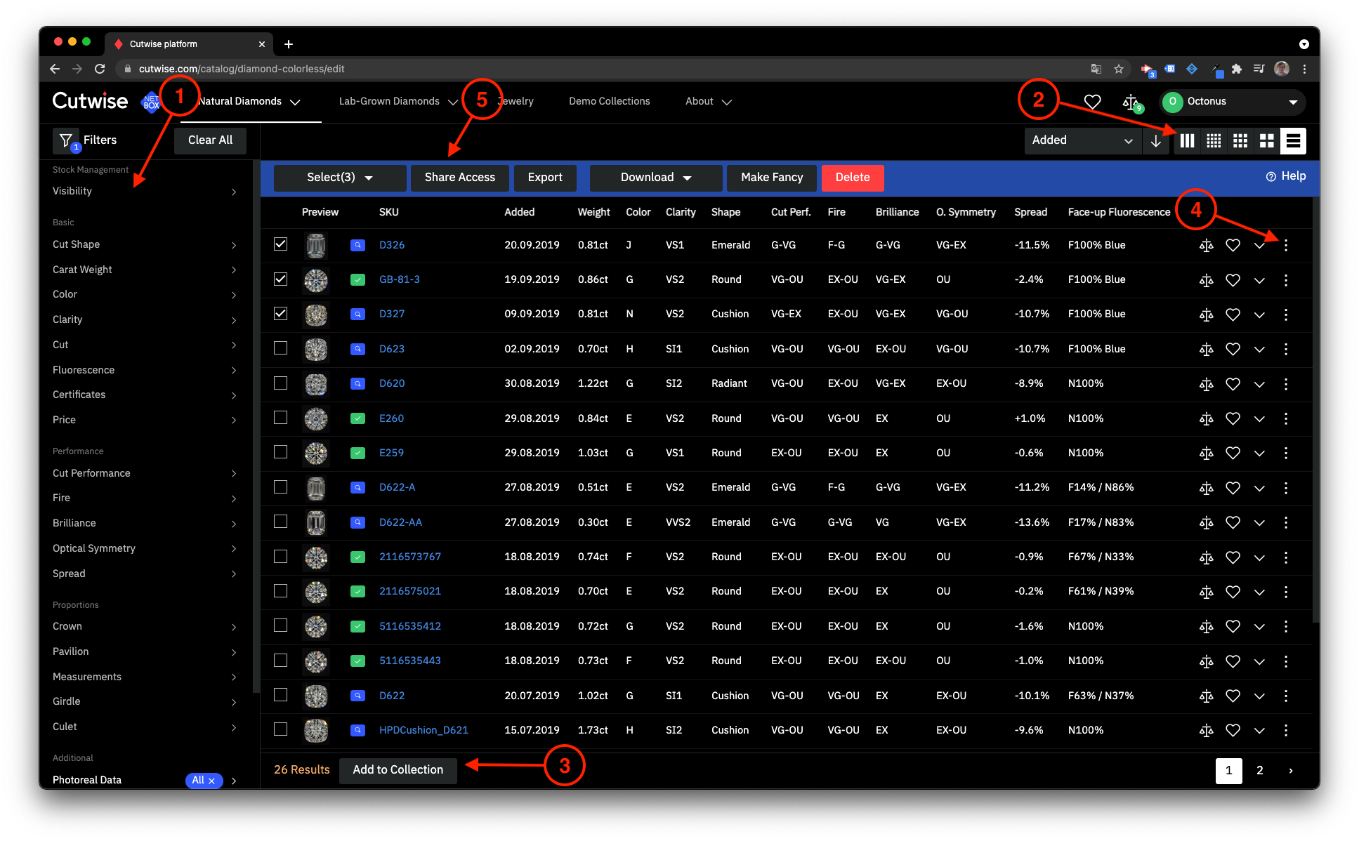 Back office list of your diamonds