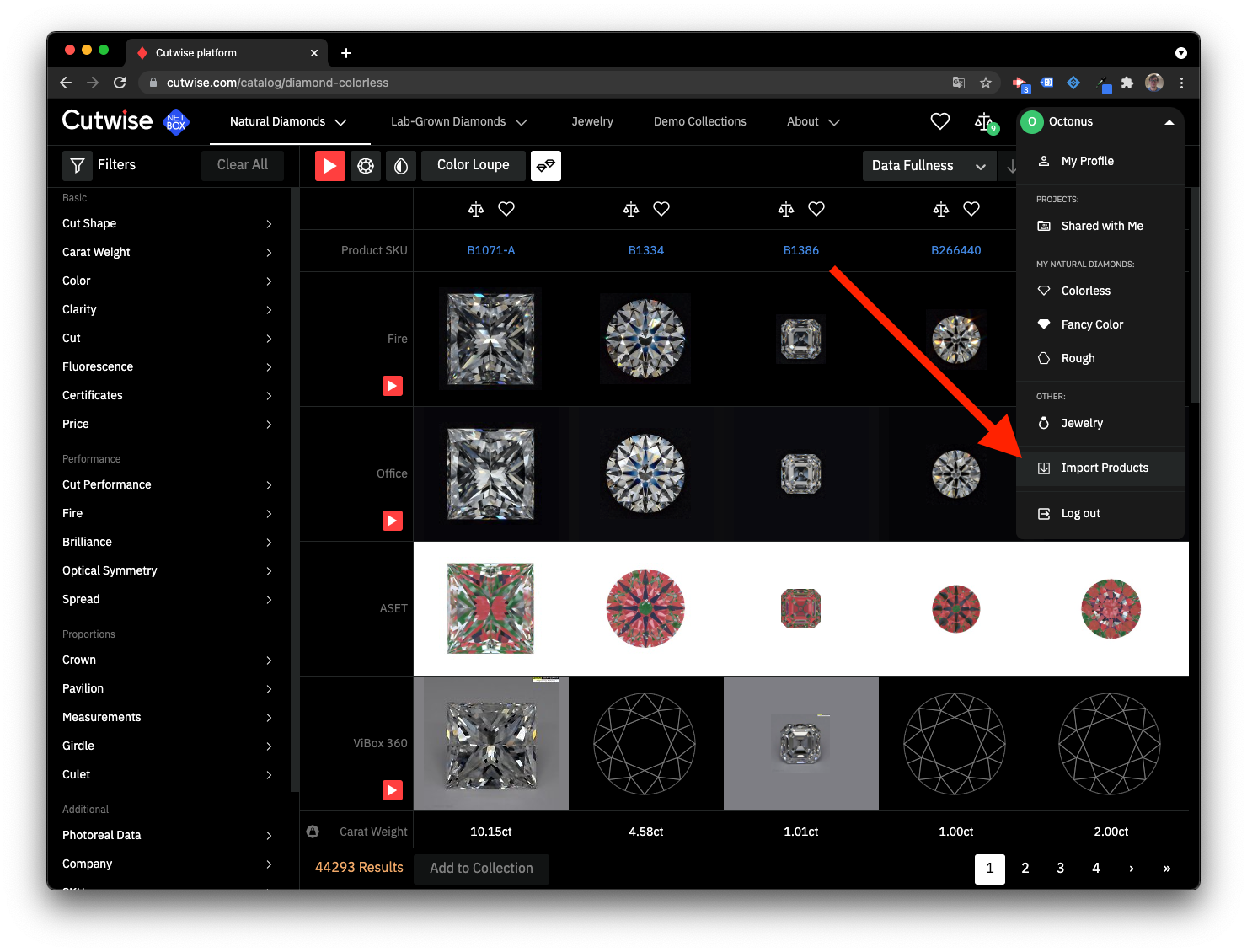 User menu with the Import Products item highlighted