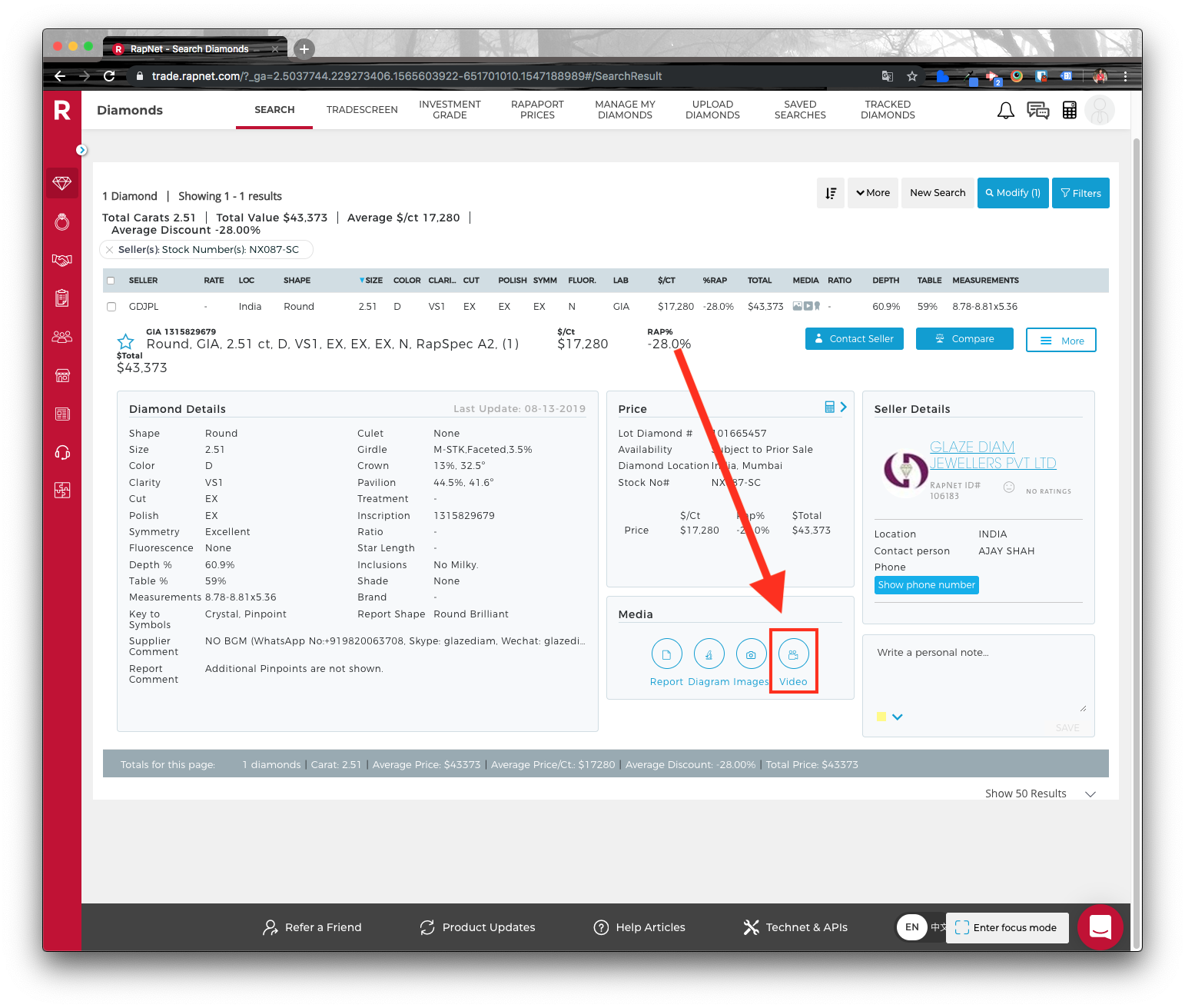 RapNet diamond listing with the Video label