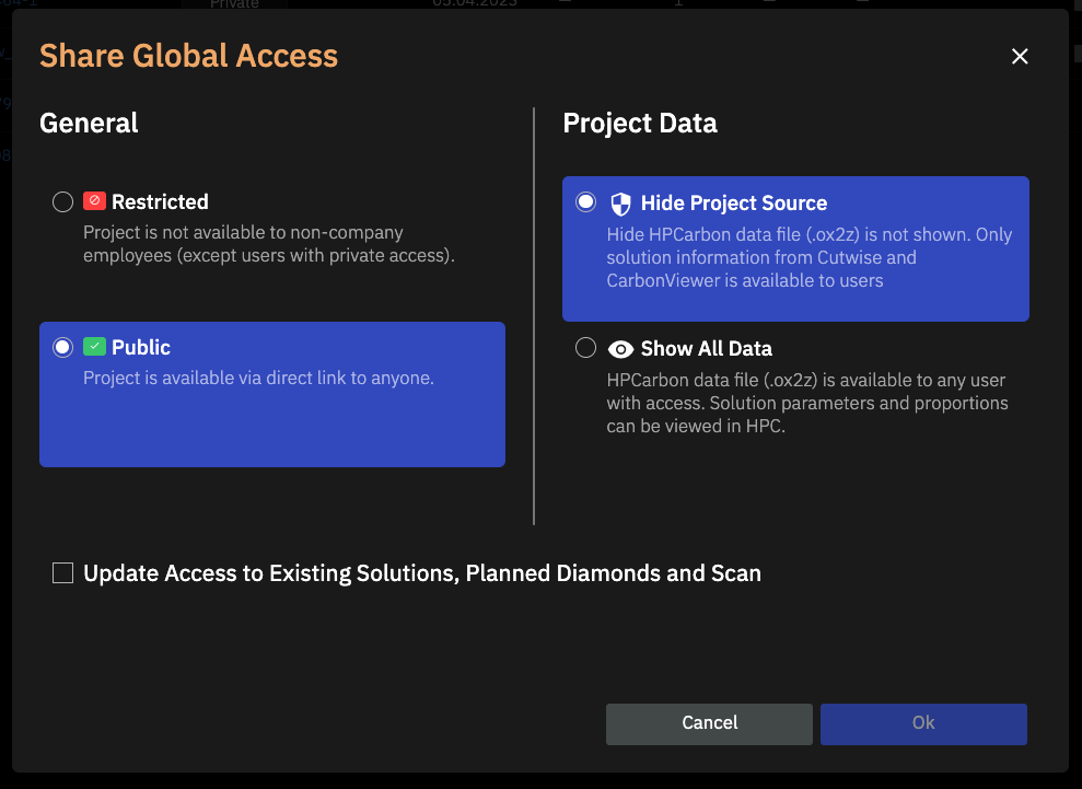 Global Access window of a project with the General and Project Data sections