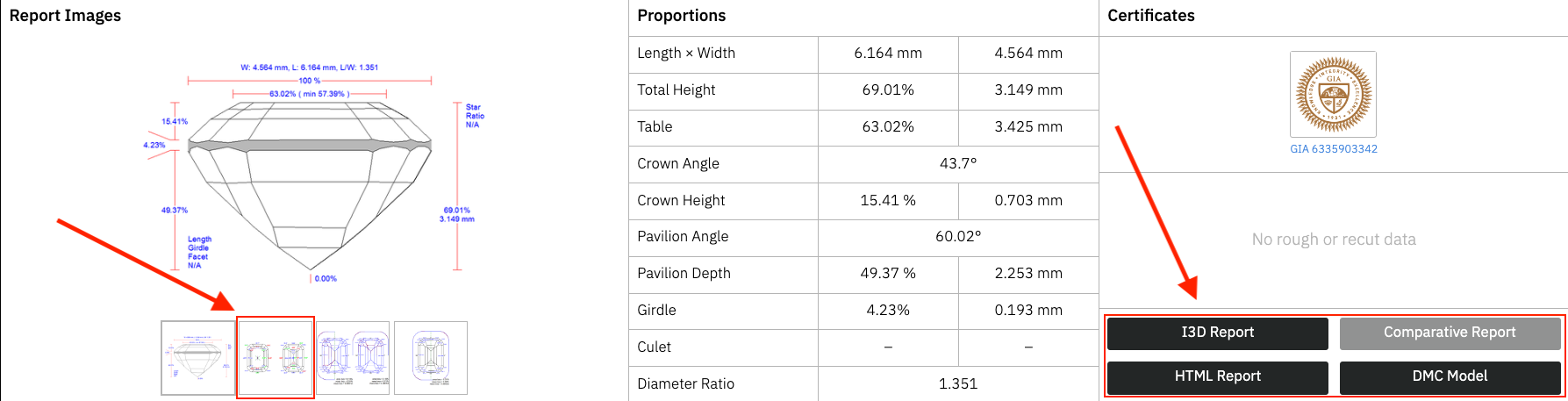 Diamond page with all cut data visible