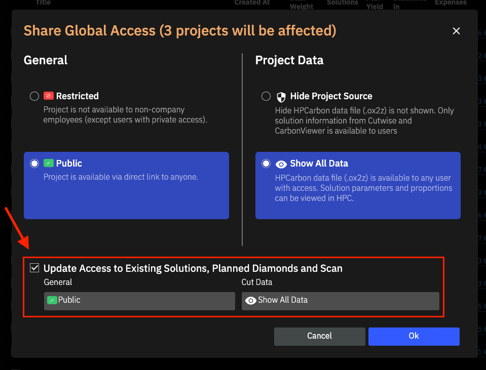 Access window of a project that lists the access of its scans, diamonds and solutions