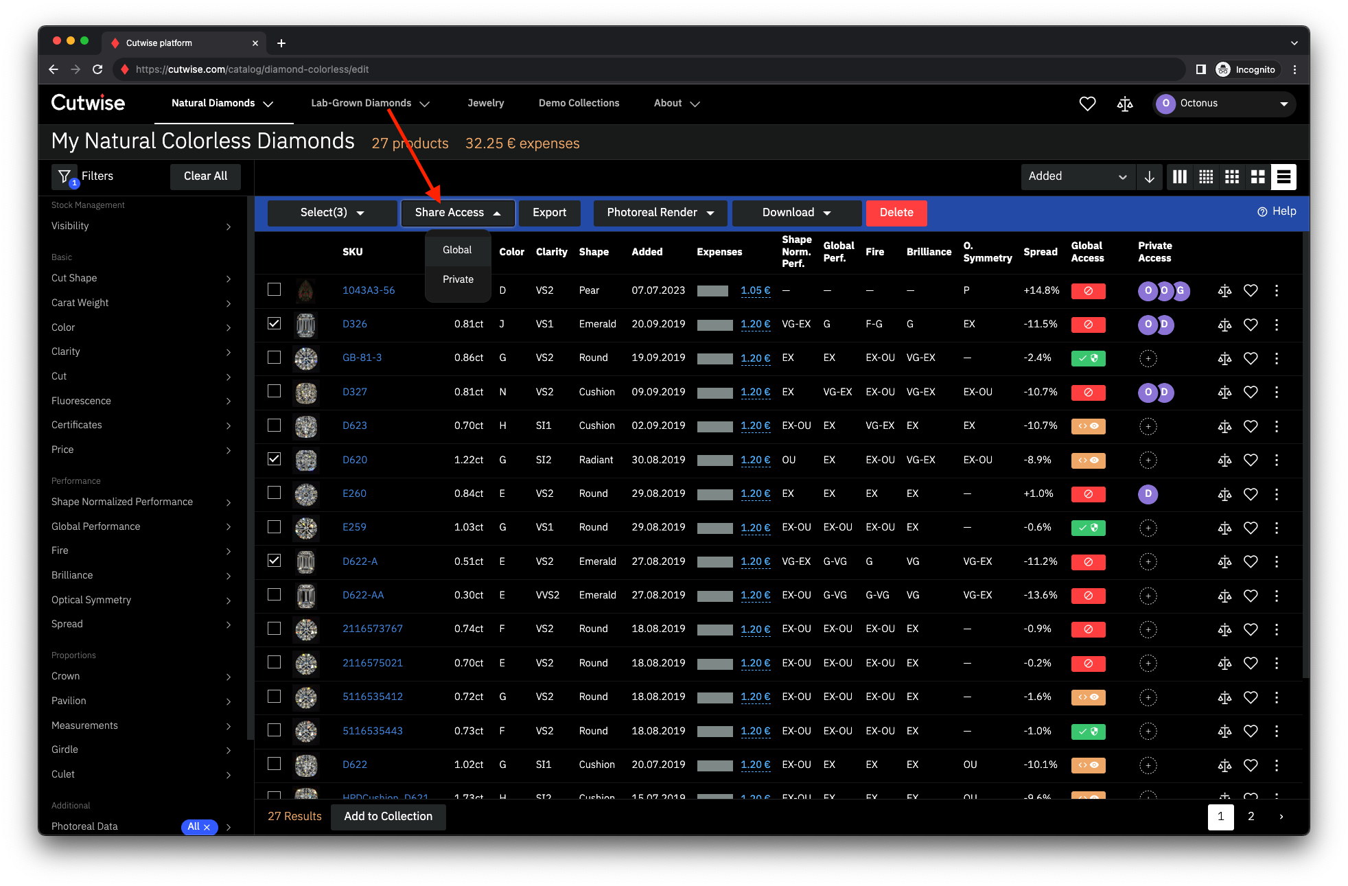 Back office page with several diamonds selected for an access change