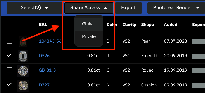 Share Access menu with the Global and Private options
