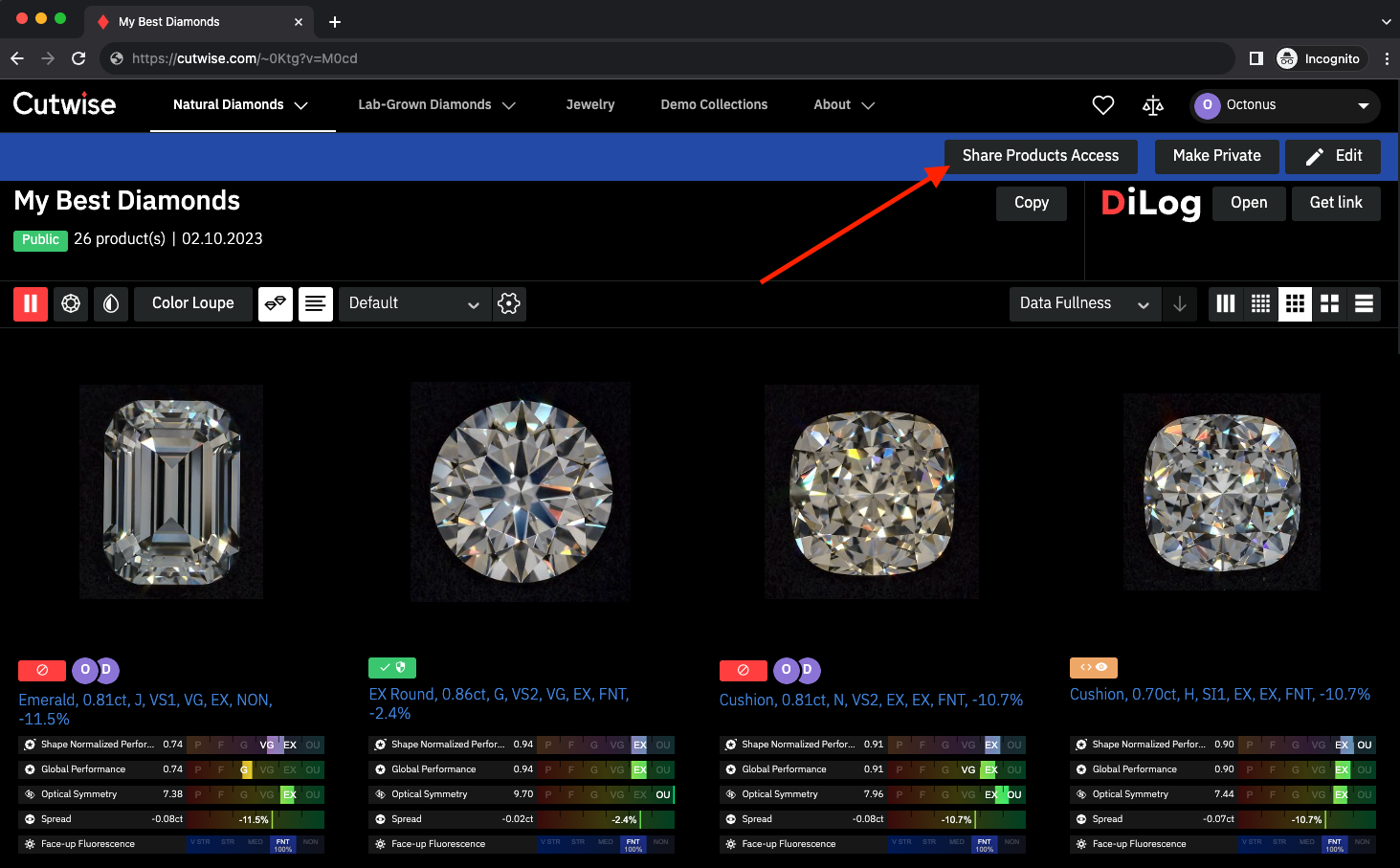Collection page with the access controls for its diamonds