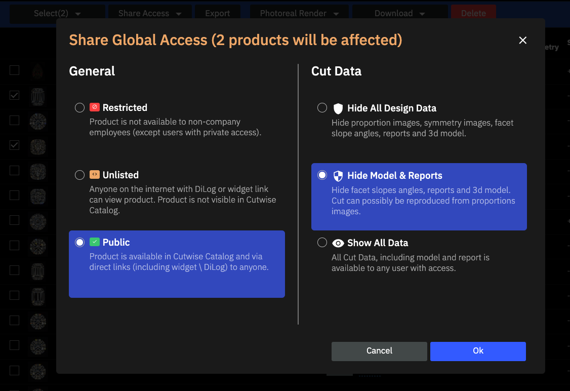 Global Access window with the General and Cut Data sections