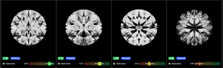Four round diamonds with Dead Zones scores from None to Severe on the grade scale