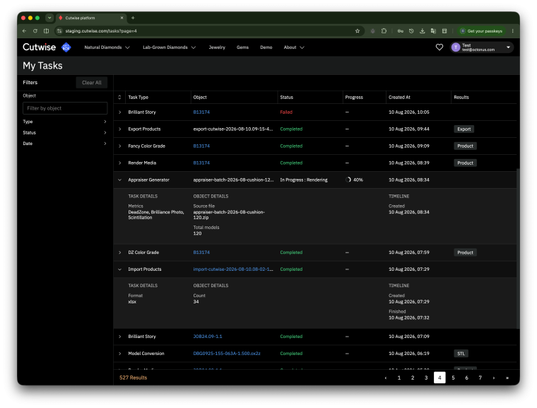 Tasks page with the progress of a running task and the details of finished tasks