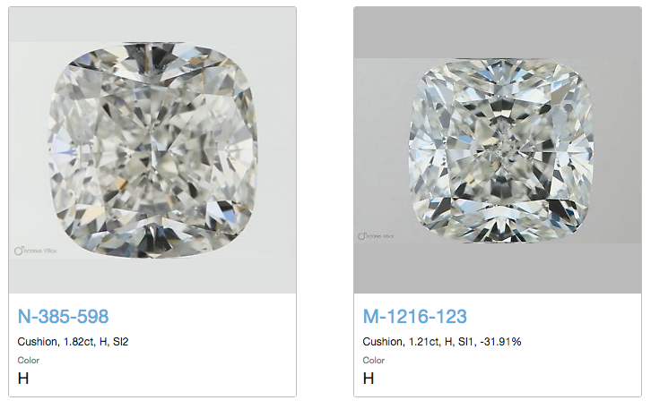 Two H color Cushions side by side: the high performance cut on the right has better face-up color