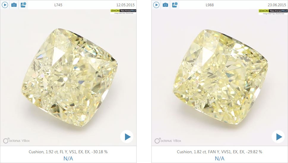 Two Fancy Yellow Cushions with the same grade: the one on the right has a more intense color