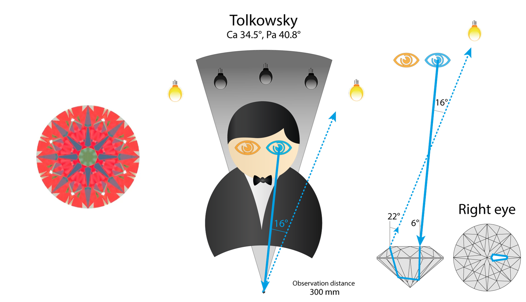 Ray path in a Tolkowsky round for the right eye: the arrow facet reflects a light source on the right