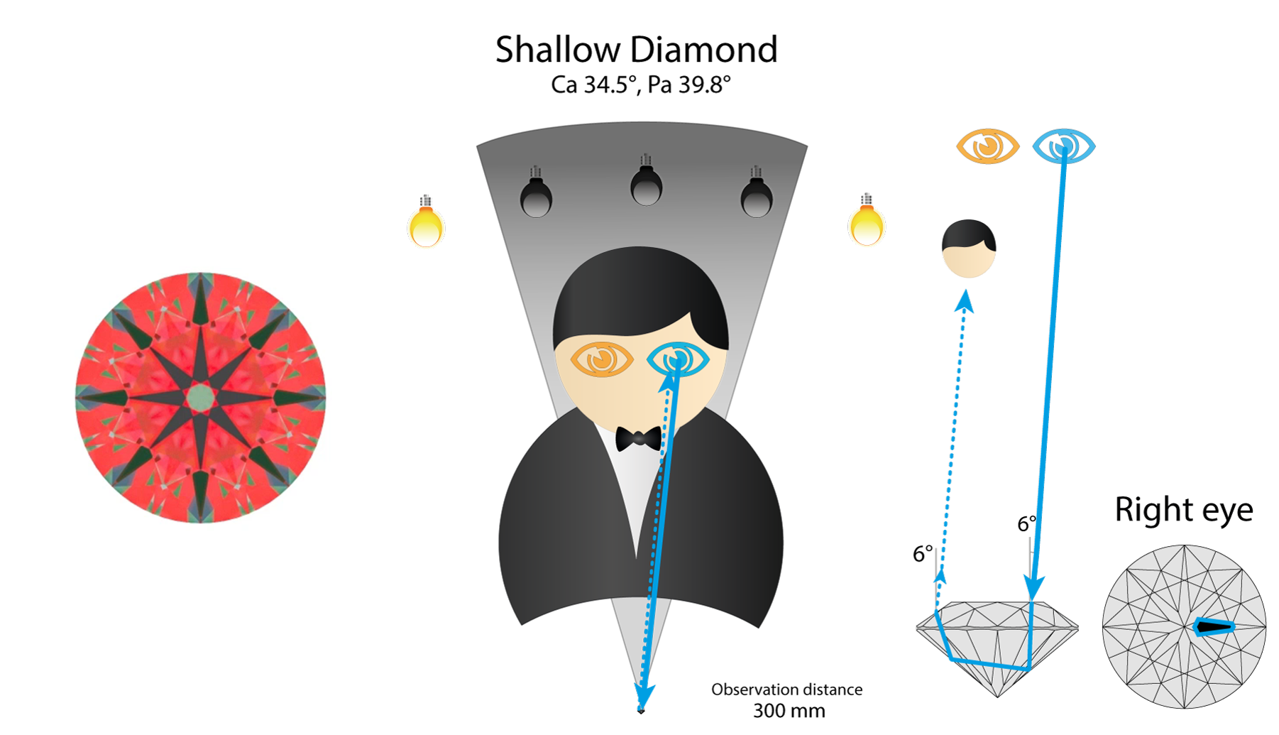 Ray path in a shallow diamond for the right eye: the arrow facet reflects the observer's head
